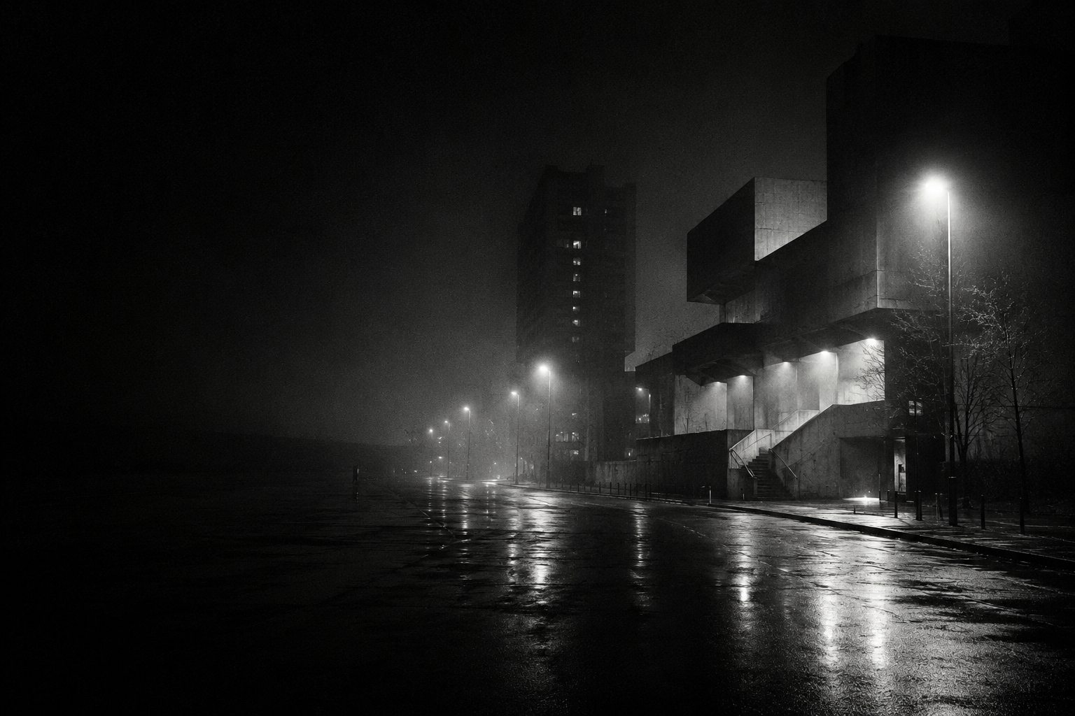 Rain-slicked street at night, brutalist buildings in fog